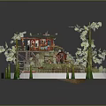 Cartoon Scene With Small Red Cottage Trees Green Lawn Ladder And Decorative Platform Chairs