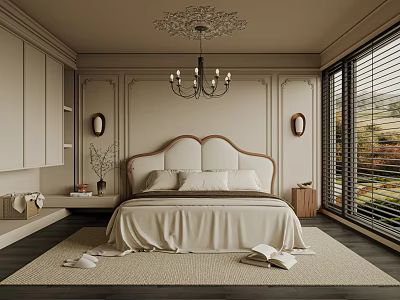 Elegant Modern Bedroom Interior With Upholstered Headboard Bed Chandelier Large Windows And Area Rug 3d model