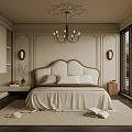 Elegant Modern Bedroom Interior With Upholstered Headboard Bed Chandelier Large Windows And Area Rug