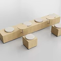 Contemporary Outdoor Sofa Featuring Wooden Frame And Beige Round Seat Cushions