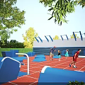 Outdoor Playground Area With Adults And Children Playing On Red Flooring Blue Structures And Trees