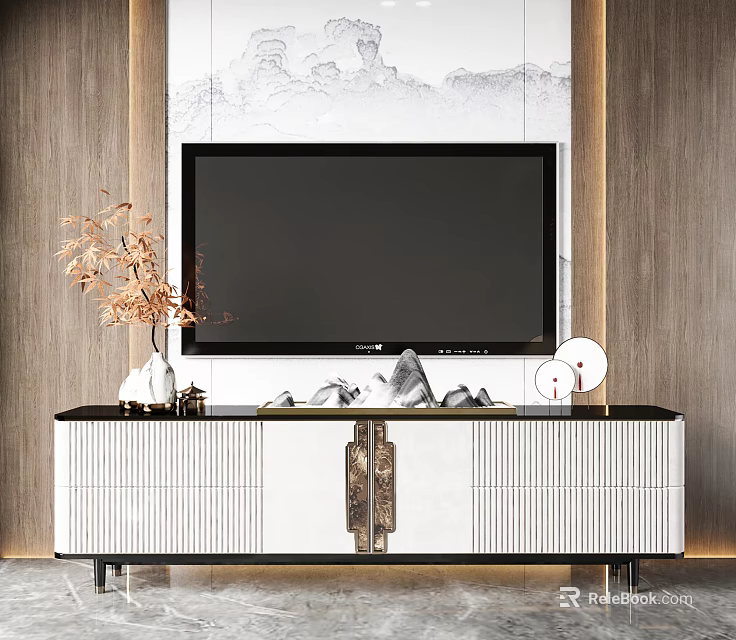 Modern TV Stand With Wall Mounted TV And Decorative Ornaments In Living Room 3d model 