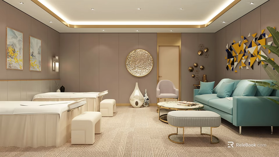 Modern Luxury SPA Sauna Interior Design With Massage Beds Sofa Circular Decoration And Art 3d model 