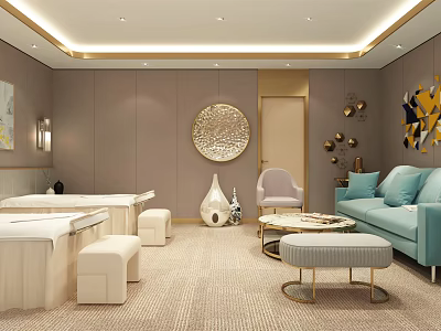 Modern Luxury SPA Sauna Interior Design With Massage Beds Sofa Circular Decoration And Art 3d model