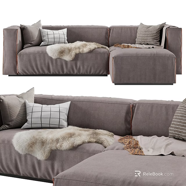 Modern Two Seater Sofa With Plaid Striped Pillows And Fur Leopard Throws 3d model