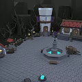 Medieval Village Square With Central Fountain Red Roof Houses And Stone Pavement