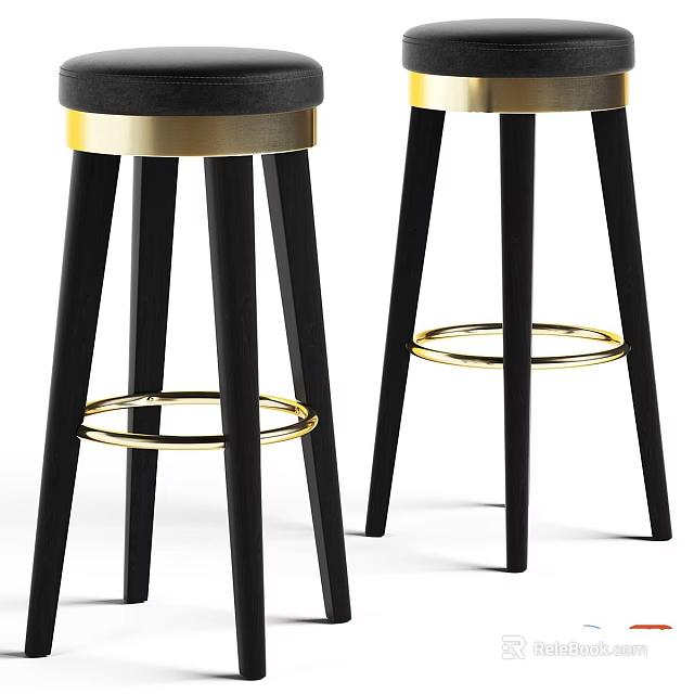 Modern Single Stool Design With Black Legs And Golden Decorative Rings 3d model 