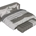Modern Upholstered Double Bed With White Grey Bedding And Foot Bench 3d model