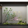 Scenic Feature Wall with Square Cutouts Colored Lights Wooden Ceiling and Green Plants