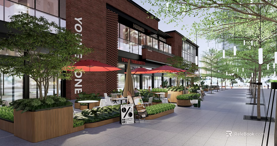 Commercial Landscape with Red Brick Building Outdoor Dining Red Umbrellas Green Plants Promotion Signboard 3d model 