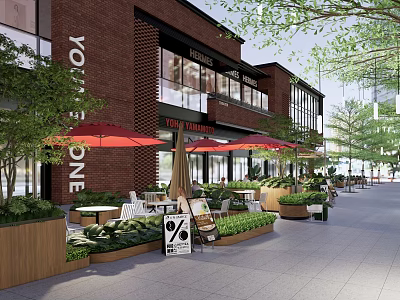 Commercial Landscape with Red Brick Building Outdoor Dining Red Umbrellas Green Plants Promotion Signboard 3d model