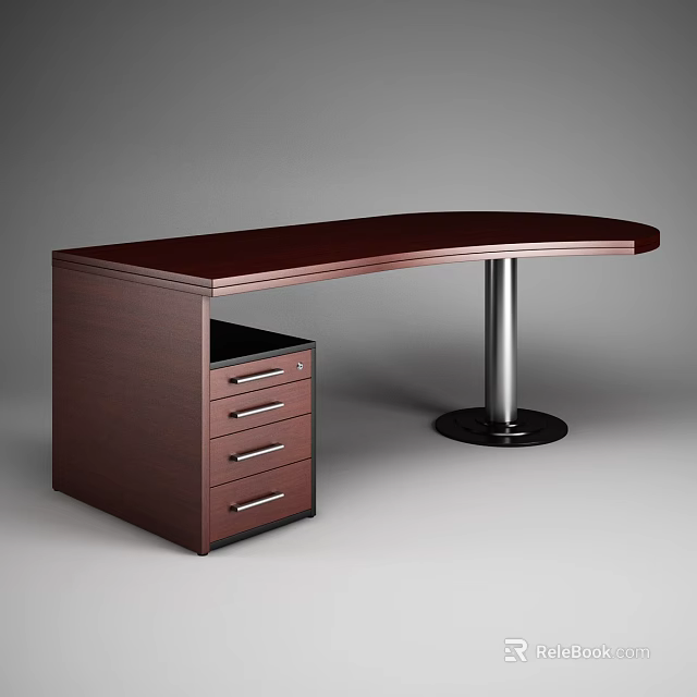 Dark Wooden Office Desk With Curved Top And Drawer Cabinet Metal Column 3d model 