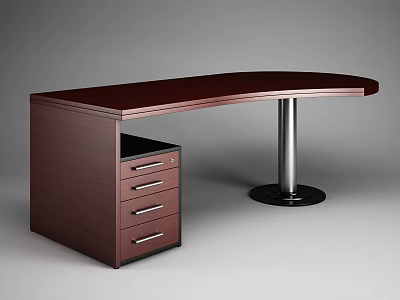Dark Wooden Office Desk With Curved Top And Drawer Cabinet Metal Column 3d model