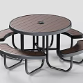 Modern Round Outdoor Table with Wooden Top Black Metal Frame and Curved Benches