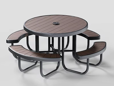 Modern Round Outdoor Table with Wooden Top Black Metal Frame and Curved Benches 3d model