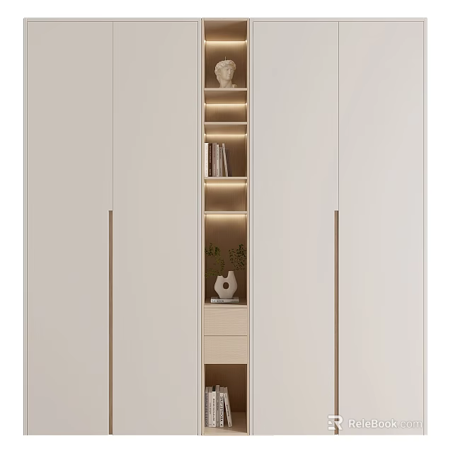Modern White Wardrobe With Gold Handles And Open Shelves Containing Books Decorative Sculpture Green Plant 3d model 