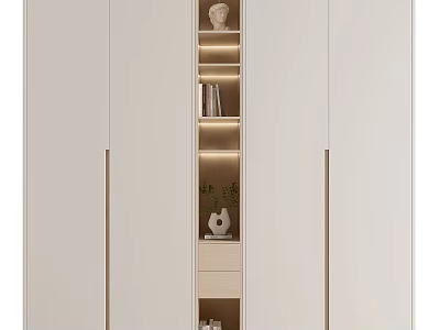 Modern White Wardrobe With Gold Handles And Open Shelves Containing Books Decorative Sculpture Green Plant 3d model