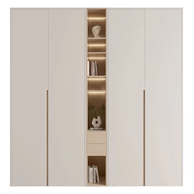 Modern White Wardrobe With Gold Handles And Open Shelves Containing Books Decorative Sculpture Green Plant 3d model