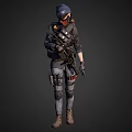 Tactical Character Wearing Gas Mask and Cap in Dark Combat Outfit With Rifle