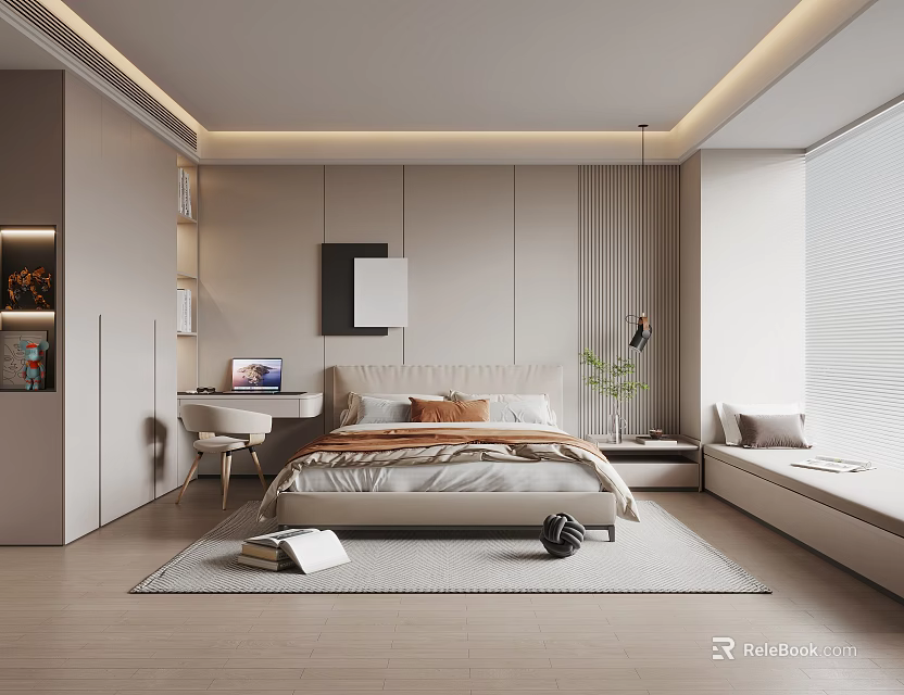 Modern Bedroom Interior With Bed Desk Floor to Ceiling Window And Area Rug 3d model 