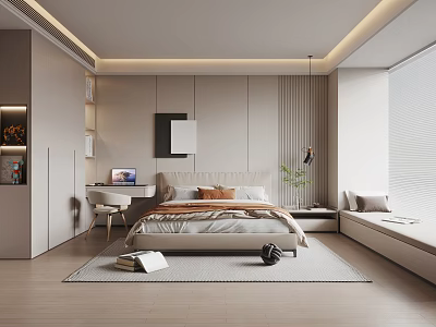 Modern Bedroom Interior With Bed Desk Floor to Ceiling Window And Area Rug 3d model