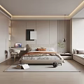 Modern Bedroom Interior With Bed Desk Floor to Ceiling Window And Area Rug