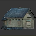 Small Weathered Wooden House With Blue Tile Roof Chimney Windows And Front Steps