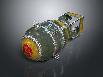 Vintage Military Bomb With Riveted Green Surface Yellow Red Markings And Metal Bracket 3d model