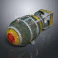 Vintage Military Bomb With Riveted Green Surface Yellow Red Markings And Metal Bracket