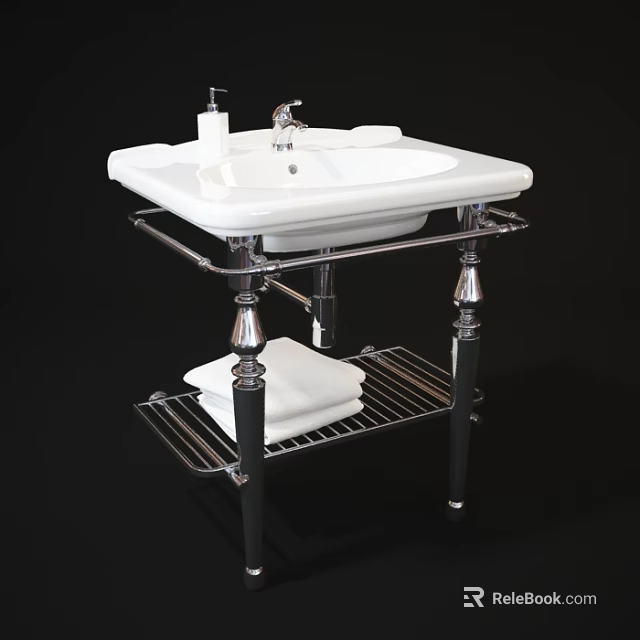 White Washbasin with Metal Stand Faucet Soap Dispenser and Lower Towel Shelf 3d model 