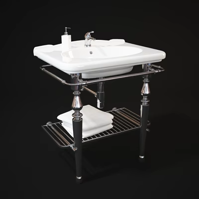 White Washbasin with Metal Stand Faucet Soap Dispenser and Lower Towel Shelf 3d model