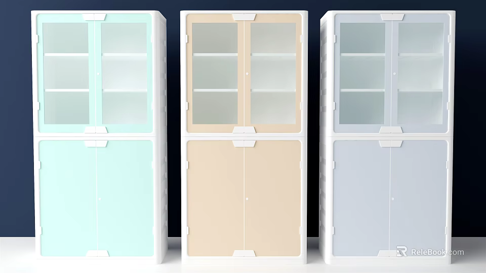 Light Blue Beige Light Gray Storage Cabinets with Upper Glass Doors and Lower Solid Doors 3d model 