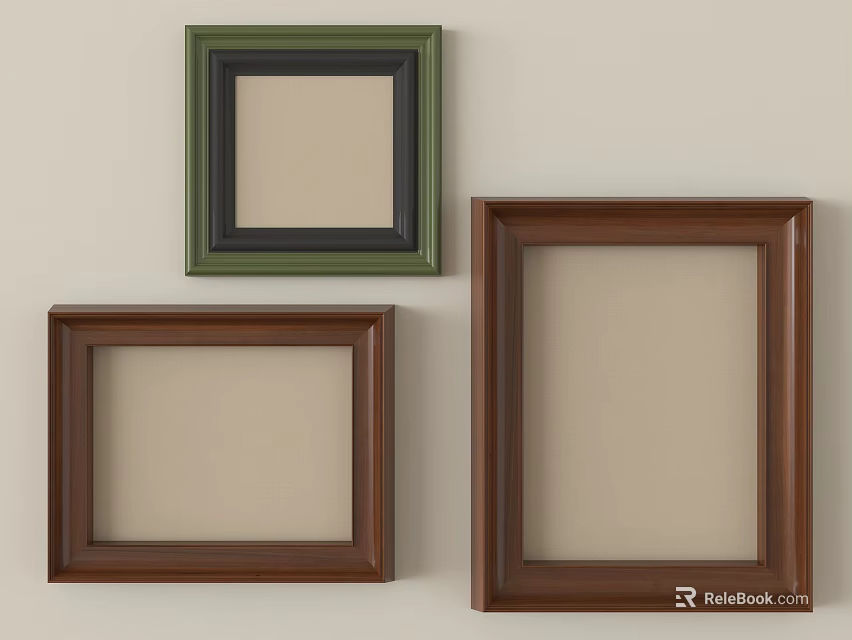Empty Green And Brown Photo Frames In Various Sizes On Beige Wall 3d model