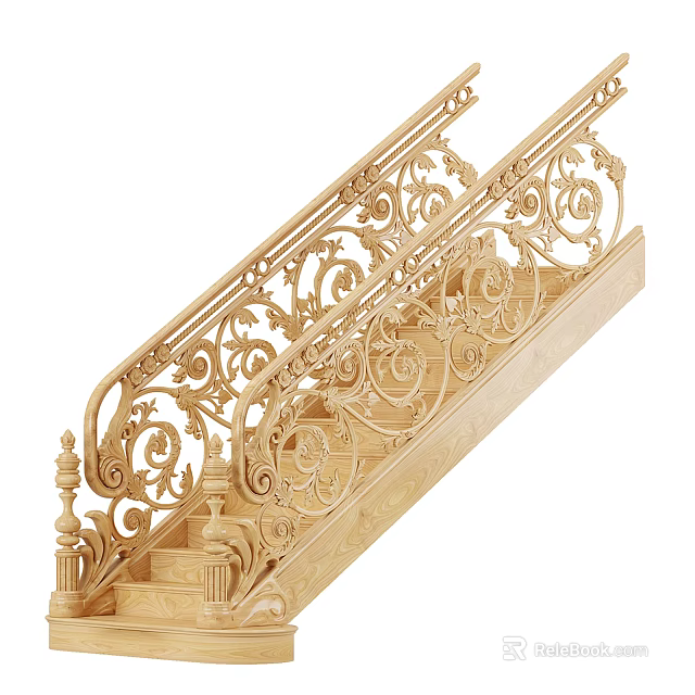 Ornate Wooden Staircase With Intricate Carved Railings Decorative Handrails And Elegant Details 3d model 