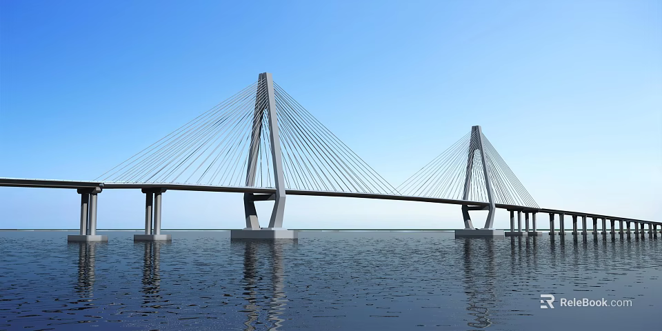 Modern Cable Stayed Bridge Spanning Calm Water With Twin Towers And Clear Reflection 3d model