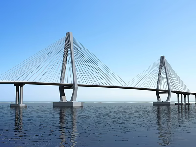 Modern Cable Stayed Bridge Spanning Calm Water With Twin Towers And Clear Reflection 3d model