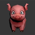Cute Pink Cartoon Pig With Big Eyes Standing On Black Background With Reflection