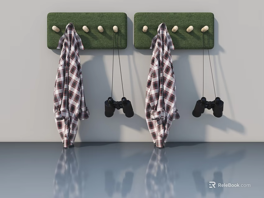 Swing Door With Green Hook Boards Hanging Plaid Coats And Game Controllers 3d model 