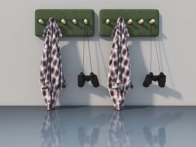Swing Door With Green Hook Boards Hanging Plaid Coats And Game Controllers 3d model