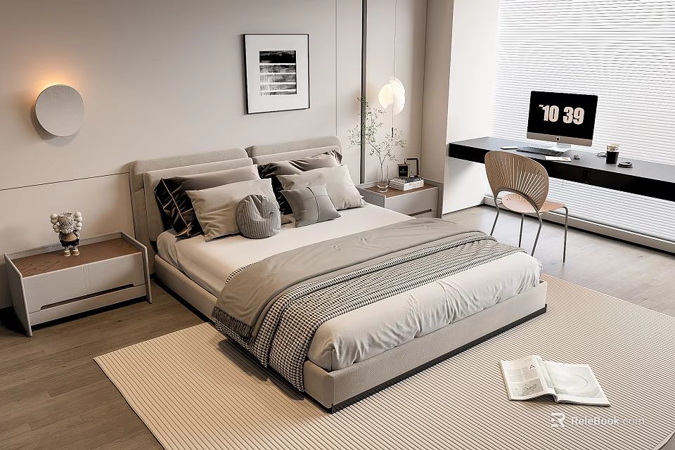 Modern Double Bed with Multiple Pillows Nightstands Wooden Desk Accent Chair and Area Rug 3d model 