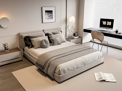 Modern Double Bed with Multiple Pillows Nightstands Wooden Desk Accent Chair and Area Rug 3d model