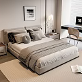 Modern Double Bed with Multiple Pillows Nightstands Wooden Desk Accent Chair and Area Rug