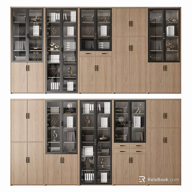 Modern Wooden Bookcase With Glass Doors Open Shelves And Closed Compartments 3d model 