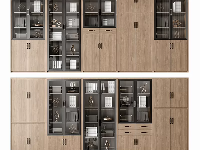 Modern Wooden Bookcase With Glass Doors Open Shelves And Closed Compartments 3d model