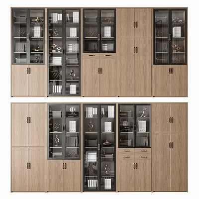 Modern Wooden Bookcase With Glass Doors Open Shelves And Closed Compartments 3d model