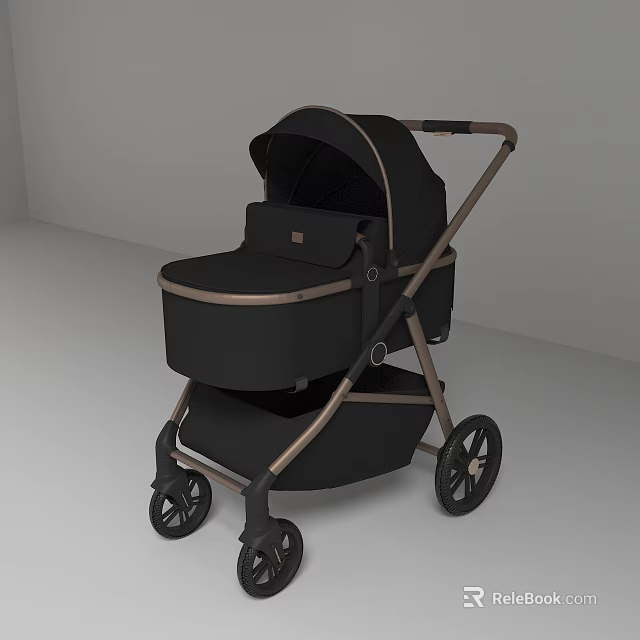 Stylish Black Baby Stroller With Canopy Storage Basket And Brown Frame 3d model 