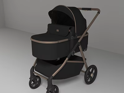 Stylish Black Baby Stroller With Canopy Storage Basket And Brown Frame 3d model
