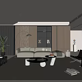 Modern Living Room Interior With Beige Sofa Wooden Wall Black Bookshelf Green Plant And Floor Lamp