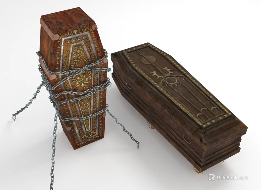 Vintage Wooden Coffins One Chained With Metal Chains And The Other With Decorative Carvings 3d model 