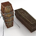Vintage Wooden Coffins One Chained With Metal Chains And The Other With Decorative Carvings